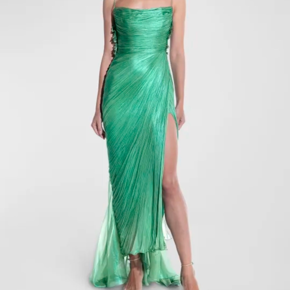 Maria Lucia Hohan | Siona Metallic Plisse Thigh-Slit Draped Midi Dress